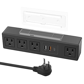 HHSOET Under Desk Power Strip with 3M Adhesive, Removable Under Desktop Mount Plug with Fast Charging USB C and USB A Ports, 4 Outlet Under Table Surge Protector 1200J, 6FT Extension Cord. (Black)