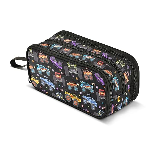 Image of ZAZYXTJ Large Capacity Pencil Case 3 Compartment Pen Pouch Storage Canvas Makeup Bag for School Office Teen Girl Boy Men Women (Trucks)