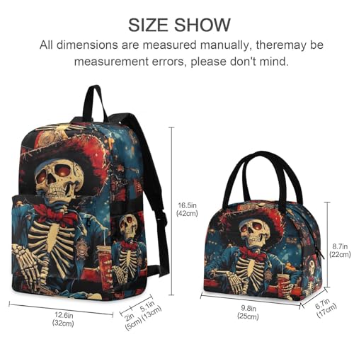 Backpack Lunch Box Set Large Capacity Travel Backpacks and Insulated Lunch Bag for Commute Hiking Picnic Mexican Skull Print2