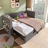 Daybed with Pull out Trundle Bed&USB Type C Charging Station&2 Shelves, 3ft Single Functional Upholstered Bed with Cup Holders, Linen Sofa Beds Guest Beds for Living Room&Bedroom, No Mattress, Grey - Image 1