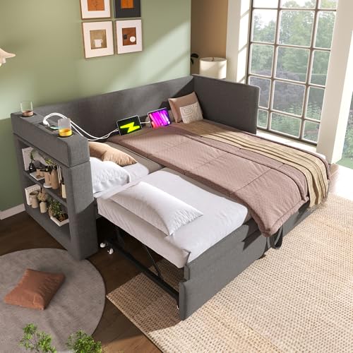 Zepneiy Canapé lit 90x190 avec lit gigogne 90x190, avec USB et Type C, avec sommier à Lattes, en mélange de Lin Gris (sans Matelas)