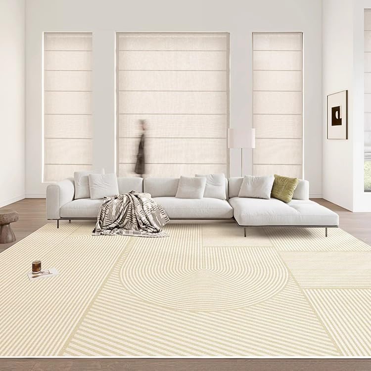 Tapis salon 110x150 cm beige à lignes géométriques modernes pour chambre