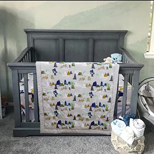 Image of TANOFAR 4 Piece Crib Bedding Set for Boys, Infant & Toddler Nursery Bed Set with Crib Skirt, Quilt, Crib Sheet and Diaper Stacke, Standard Size Soft Baby Bed Set (Grey Mountain)
