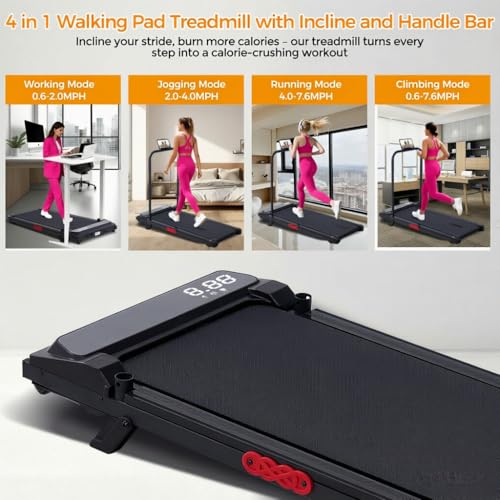 Image of Walking Pad Treadmill with Handle Bar, 3.0HP Portable Electric Treadmills for Home Exercising, 0.6-7.6MPH Mini Walking Pad Treadmill with Incline, Small Under Desk Treadmills for Home Small, 350LBS
