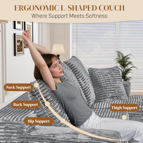 Image of 108 inch L Shaped Boneless Sectional Couches for Living Room, Comfy Corduroy Floor Cloud Sofa with Chaise, Wide Armrest, Deep Seat, Memory Foam, Assembly Free, Ideal for Small Spaces, Grey