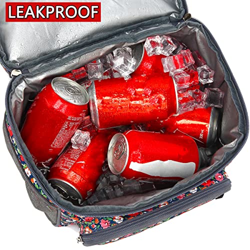 Flowfly Double Layer Cooler Insulated Lunch Bag Adult Lunch Box Large Tote Bag For Men, Women, With Adjustable Strap,Front Pocket And Dual Large Mesh Side Pockets,Floral #TOP2