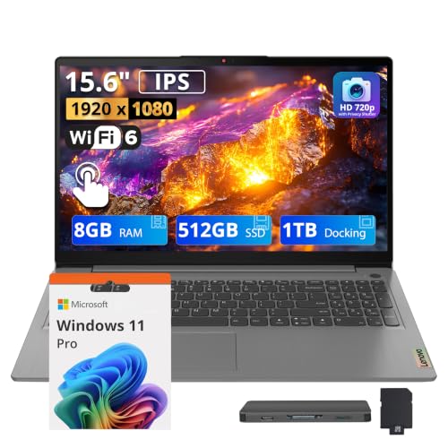 Image of Lenovo IdeaPad 3 15.6 inch FHD Touchscreen Laptop, Intel Core i3-1115G4, 8GB DDR4, 1.5TB Storage(512GB SSD+1TB Docking Station Set), Intel UHD Graphics, Windows 11 Pro, WiFi 6, HD 720p Webcam, Grey
