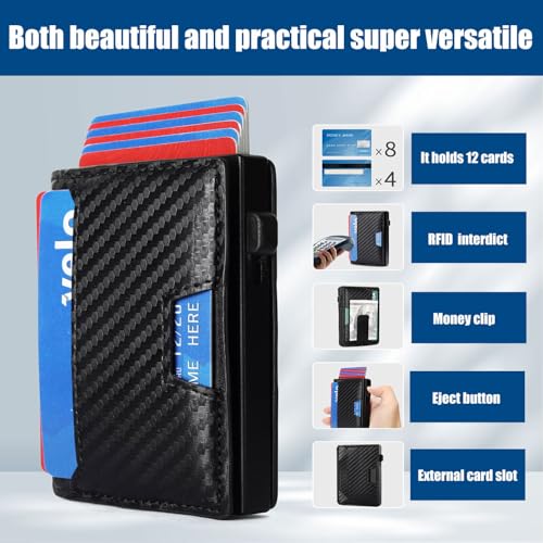 Men's Wallet - Pop Up Case, Cash Slot, with 12 Capacity Credit Card Wallet - Slim Minimalist Aluminum Front Pocket Wallet with RFID Blocking/ID Window (Carbon Fiber)3