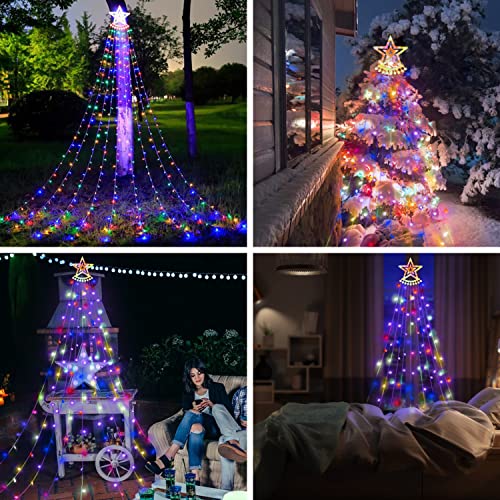 Esoes Christmas Lights Tree 350 LED Outdoor Christmas Decorations Waterfall Fairy Lights Waterproof Mains Powered with Topper Star 9 Strand String Light 8 Lighting Modes Fairy Lights (Colourful) - Image 2