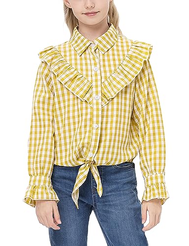 Image of Girls Sleeveless Plaid Button Down Shirt Summer Crop Tops Tie Knot Ruffle Sleeve Shirt Blouse 3-12Y
