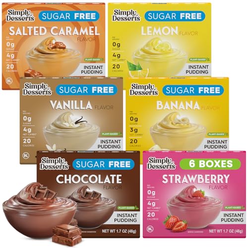 Simply Desserts Strawberry, Chocolate, Vanilla, Banana, Salted Caramel, Lemon Instant Pudding, Sugar-Free, Variety 6-Pack – Healthy Dessert, Keto Snacks, Vegan & Diabetic-Friendly, Kosher, 1.7 Oz Ea