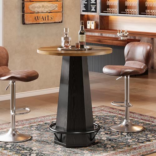 Tribesigns Table De Bar Ronde Ø 80 Cm, Table Haute 100 Cm avec Repose-Pieds Métal, Table Bistrot Style Industriel pour Cuisine Salon Ou Bar, Gain De Place, Marron Noir