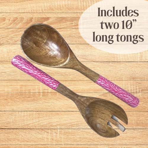 The Fern Trail Wood Serving Bowl | Salad Bowl With Tongs | Wooden Decorative Bowl | Wood Fruit Bowl For Kitchen Counter | Mango Wood Bowl (Pink) #TOP4