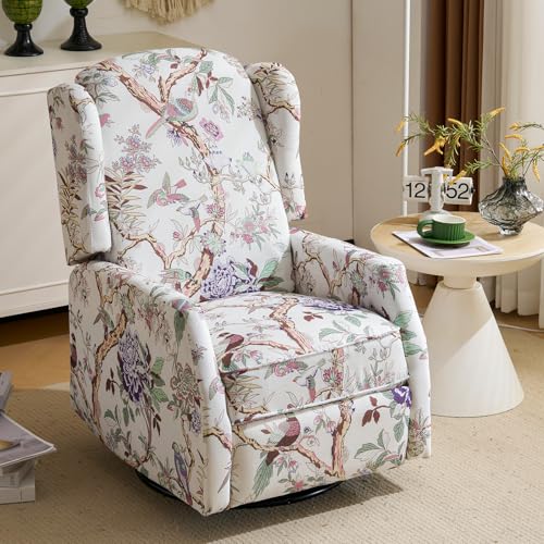 P.H.Furn Swivel Rocker Recliner,Wingback Recliner Chair,Floral Accent Chair Fabric Chair with High Back,Padded Seat for Living Room,Bedroom, Home Office (Bird)