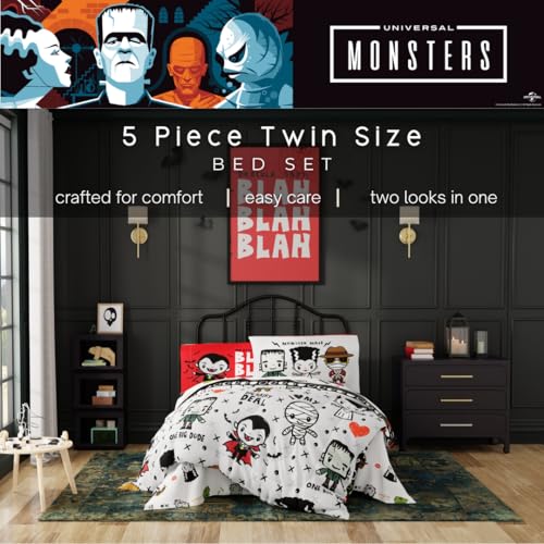 Image of Universal Little Monsters Halloween 5 Piece Twin Bedding Set - Super Soft Cozy Reversible Comforter and Sheet Set with Sham, (Officially Licensed Product) By Franco