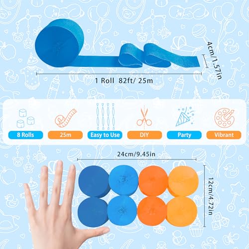 Image of 8 Rolls Crepe Paper Streamers, Blue and Orange Streamers Party Decorations for Blue Dog Paw Birthday Party Cartoon Bunting Puppy Dog Theme Celebration Decorations