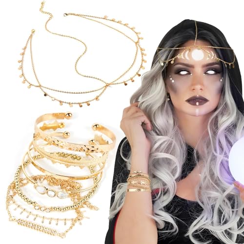 BOFUNX Gold Kopfkette Boho Kopfschmuck + 7 Stücke Armbänder gold Armketten, Damen Faschingskostüm Accessoires für Fasching Karneval Mottoparty Cosplay