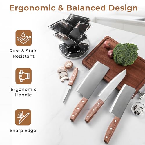 Image of HomeEssentials 4-Piece Stainless Steel Knife Block Set, 360 Rotating Swivel Base, Ergonomic Rosewood Handles & Fan-Style Protective Sheaths - Professional Chef Knife Set for Contemporary Kitchens