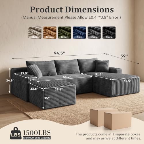 Image of Boneless Couch, U-Shape Corduroy Sectional Sofa, Grey