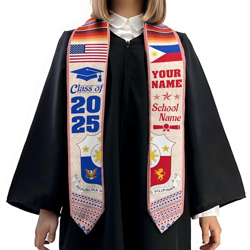 MonkeyVan Custom Filipino Graduation Sash 2025,Personalized Philippines Graduation Stole,Philippine-American Flag Graduation Sash S204