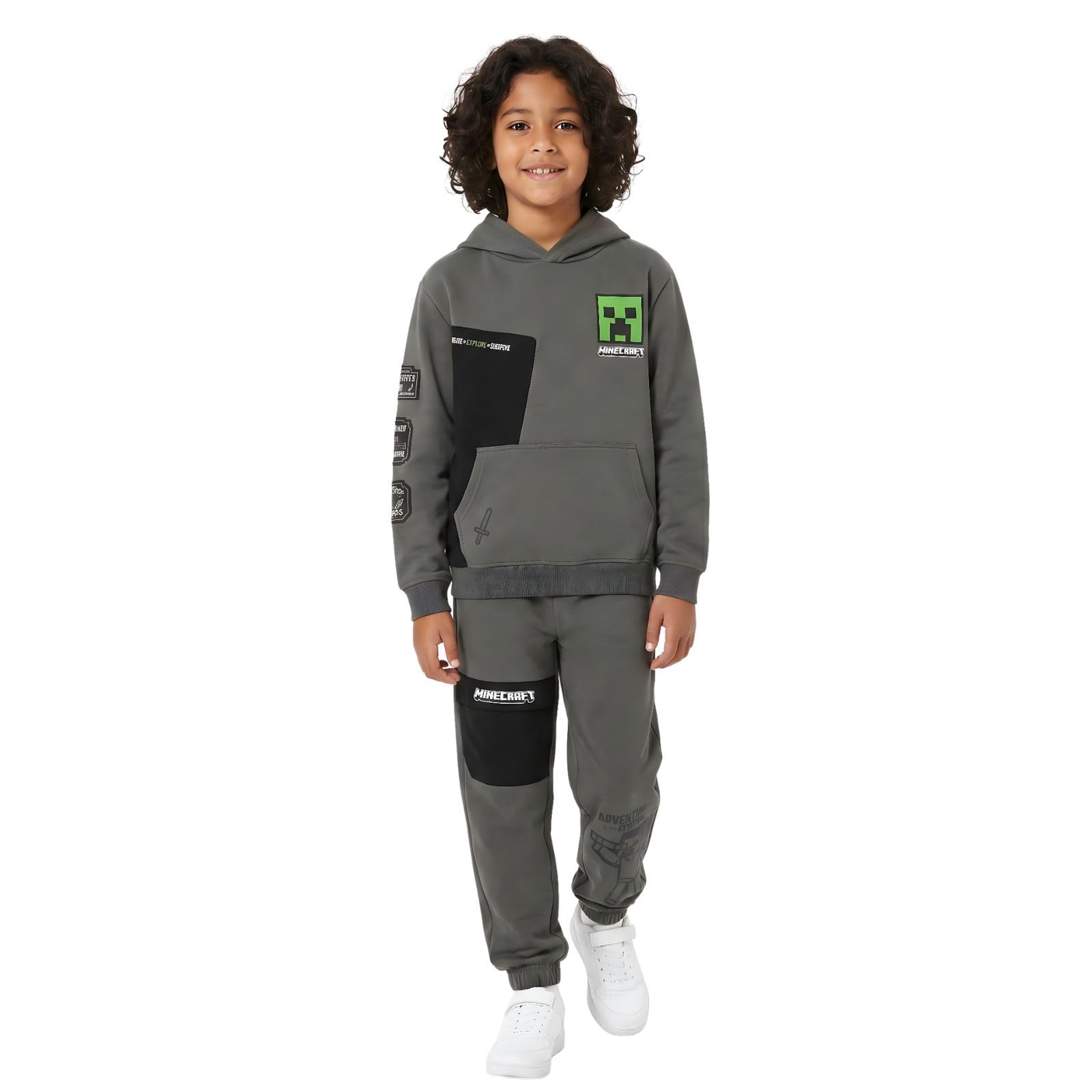 Minecraft Chándal para niños – Conjunto oficial de sudadera con capucha y pantalones deportivos para niños, chándal de algodón gris Creeper Gaming, edad 5-12 años