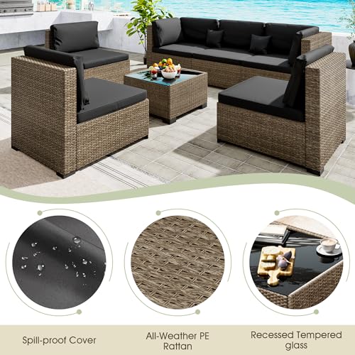 Image of LHBcraft 7 Piece Outside Sectional Furniture Set, All Weather Wicker Patio Sofa, Outdoor Sectional Balcony Furniture with Black Cushion & Glass Coffee Table
