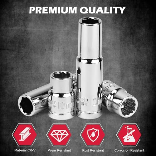 Image of 12-Piece 1 /4 inch & 3 /8 inch Drive 10mm Socket Set with 3-inch 3 /8 & 1 /4 Extension Bars | Deep & Shallow Mirror Finish Socket Set | Magnetic Storage Rail | Cr-V | 6 Point & 12 Point (13 Pack)