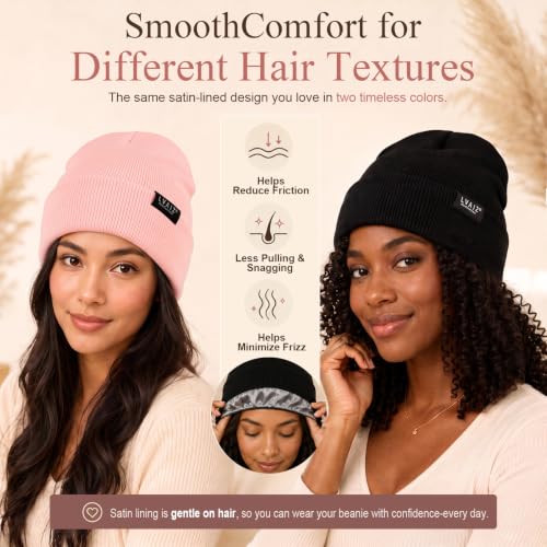 Image of 2 Pack Satin Lined Beanies for Men and Women Warm Cuffed Winter Hats | 60% cotton and 40% acrylic knit with smooth satin lining, stretch fit, cuffed ear coverage, and two-hat value for winter wear