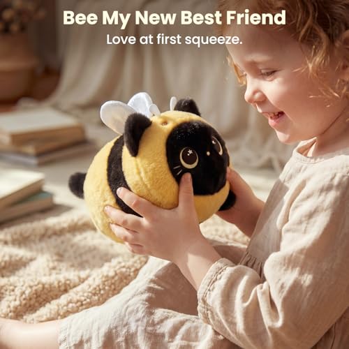 Image of Mewaii Black Cat Bee Plush Kawaii Plushies, Ultra-Soft Feel, 8 in | Starry-Eyed Cat Design, 8 in Portable Size, Cuddly Plush, Gentle Machine Washable, Desk Decor, For Kids, Teens & Cat Lovers