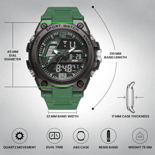 Image of V2A Stryke 45mm Analog Digital Sports Watch for Men | Hybrid Layered Dial | Alarm Stopwatch Backlight Day Date | TPU Strap | 30M Water Resistant | Gift for Mens