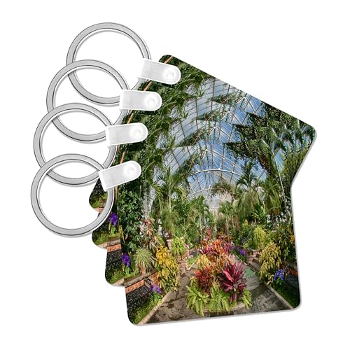 3dRose, Greenhouse with trees and flowers, set of 4 Key