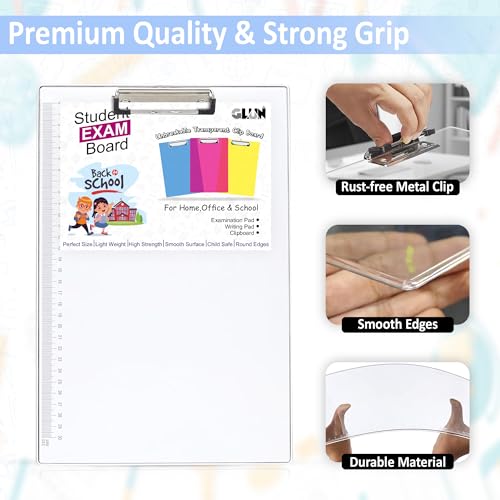 Image of GLUN Transparent Acrylic Clipboards with Ruler Marks, Size 14x10 Inches, Clear Clip Board use in Exam Board, Office Supply, & School Supplies