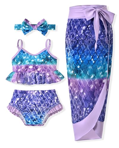 Infant Toddler Baby Girl Two Piece Swimsuit with Cover Up Skirt Ruffle Bathing Suit Bikini Headband Set