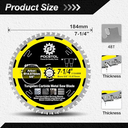 Image of 7-1 /4 Inch Metal Cutting Circular Saw Blade - FOCSTOL 5pcs Tungsten Carbide Tipped Saw Blade 48T for Iron Ferrous Metals Steel Pipe Arbor 5 /8 Inch