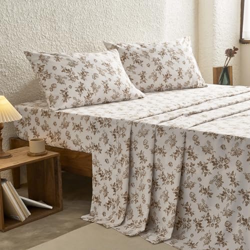 Wake In Cloud - Shabby Chic Bed Sheets, 4-Piece Sheet Set, Floral Botanical Coquette Cottagecore Vintage Flower, Soft Microfiber Deep Pocket Bedding, Brown Taupe, King Size