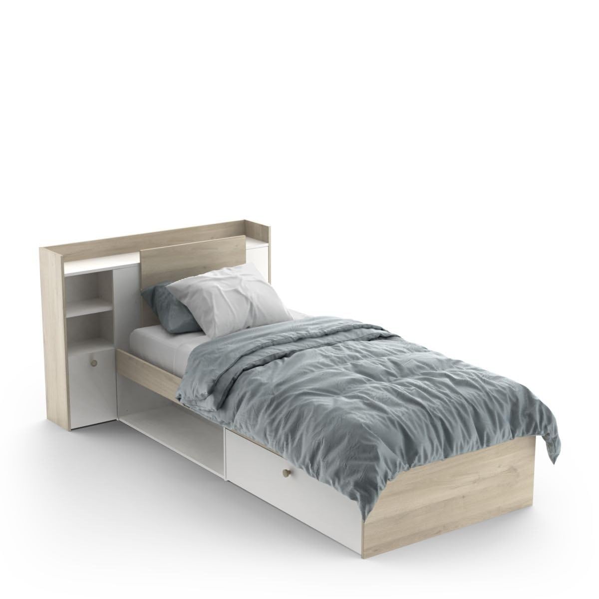 Demeyere Letto Componibile 90 x 190/200 con Contenitore 1 Anta 3 Nicchie 1 Cassetto, Bianco Opaco e Rovere Chiaro, 124.5 x 226.9 x 90.5 cm
