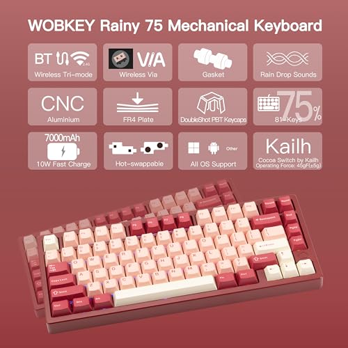 Image of KEEBMONKEY WOBKEY Rainy 75 CNC Aluminum HMX /JWK /Cocoa Switches Connectivity Triple Mode Mechanical Keyboard with Superior Acoustics, Switch RGB /FR4 /Silver SUS304 /7000mAh /Cocoa Switch（Pro - Red Velvet
