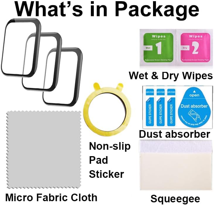 Contents of the smaate 3D Screen Protector package, including screen protectors, wet and dry wipes, dust absorber, microfiber cloth, squeegee, and non-slip pad sticker.