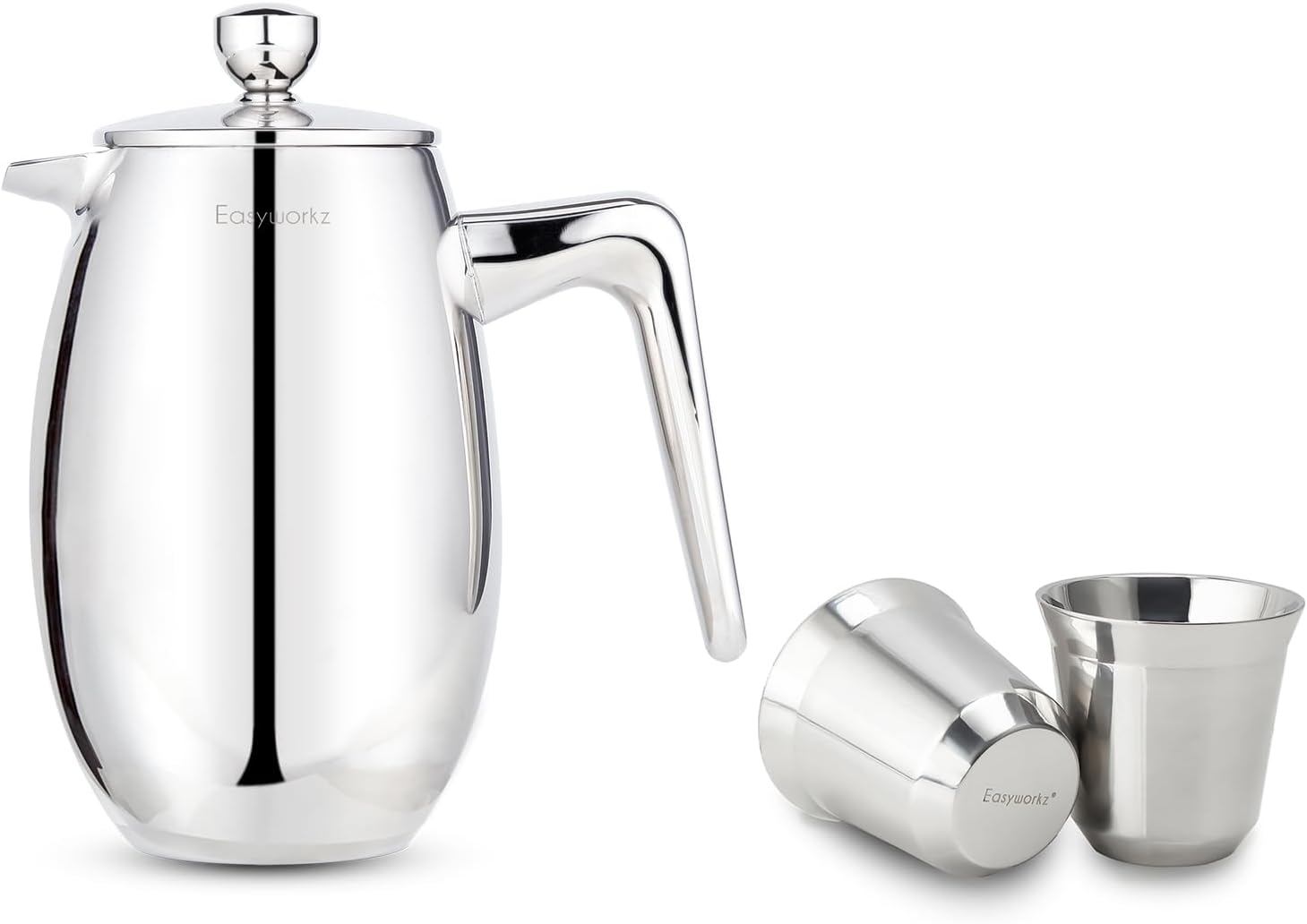 Easyworkz Nando French Press 12 oz, Bundled Stainless Steel Espresso Cup 2pcs Set Double Wall Insulated Metal Demitasse Cups 5 oz