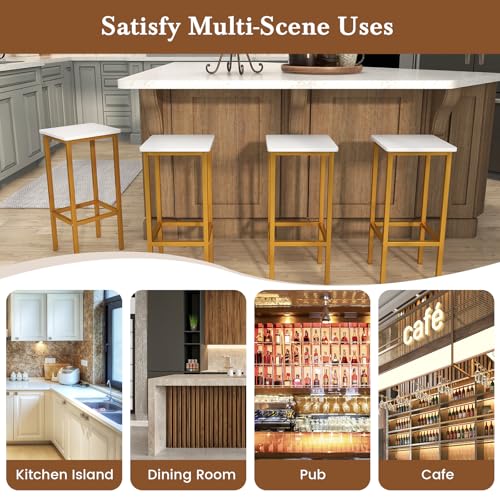 Image of COSTWAY Industrial Bar Stools Set of 4, Backless Square Breakfast Bar Chairs with Metal Frame and Footrest, Counter Height Stools for Kitchen Island Dining Room Living Room (White, 26 inch)
