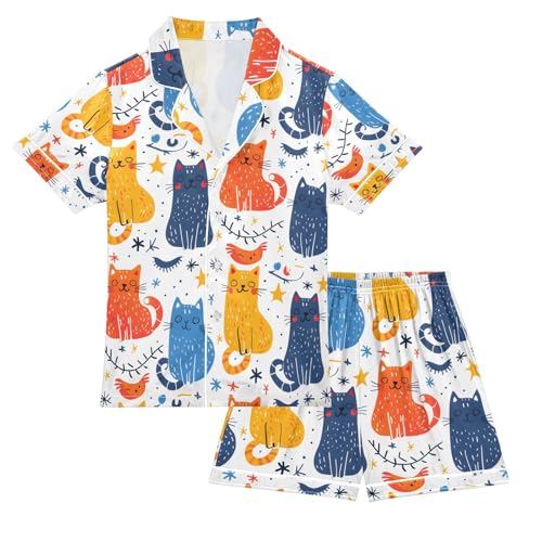 ALAZA Spot Cat Starry Pajamas Satin Pajama Set Short Sleeve Button Down Sleepwear