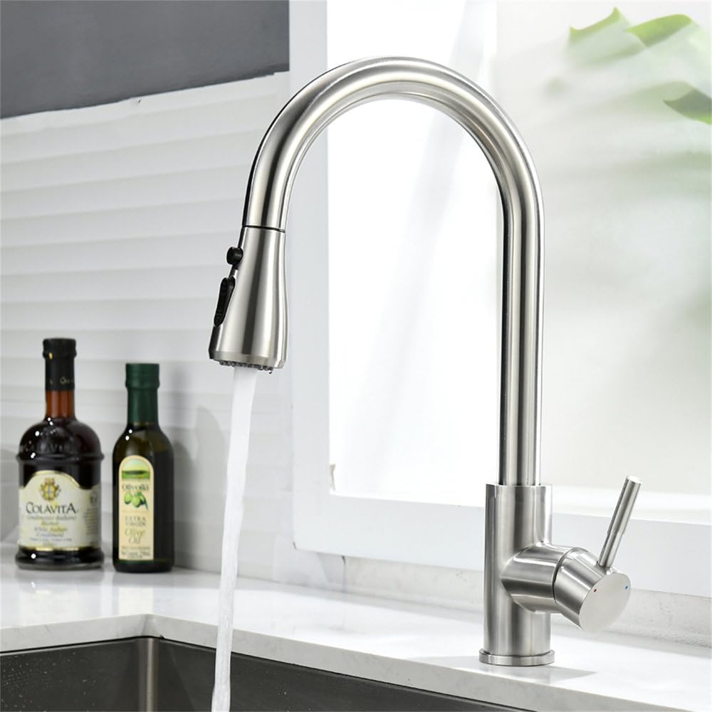 Robinet de cuisine en nickel brossé avec mitigeur monotrou G3/8 et douchette extractible