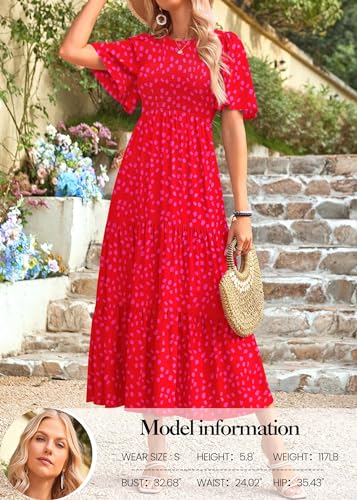Image of KIRUNDO Summer Dresses for Women 2026 Spring Casual Flutter Short Sleeve Wedding Guest Smocked Flowy Tiered Aline Midi Dress