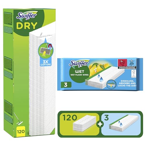 Swiffer Paños Secos Para Mopa, Recambios Secos 120 Unidades Y Recambios Húmedos Para Suelos 3 Unidades, Atrapa Y Retiene 3 Veces Mucho Polvo, Suciedad Y Pelo Que Una Escoba O Mopa Convencional