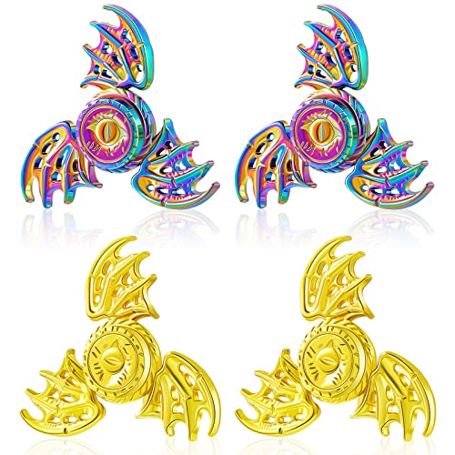 4 Pcs Dragon Spinner Dragon Eyes Toy, Tri Hand Spinner Metal Cool Fidgets Gyro Fingertip Spinner Gold and Rainbow Widget Spinner for Stress Relief, Party Favors, Birthday Gifts