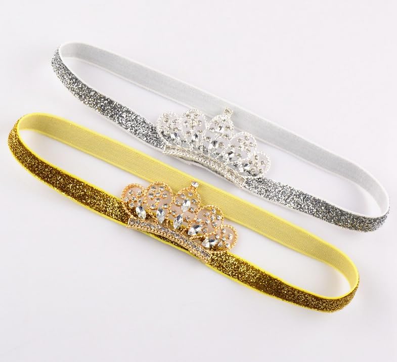 XICHENยฎBaby Girls Crown Headband Newborn Princess Head Band Headdress Elastic Hair Band (Crystal -2Pack)