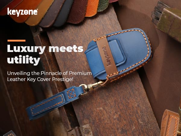 Image of Keyzone Leather Key Cover and Keychain Compatible for Tata Nexon | Harrier | Safari | Punch | Altroz | Tigor 4 Button Smart Key (Blue)