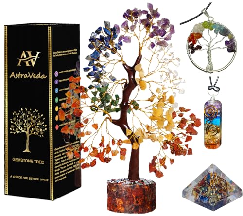 AstraVeda 7 Chakra Crystal Tree of Life with 2 Chakra Pendants & Mini Pyramid