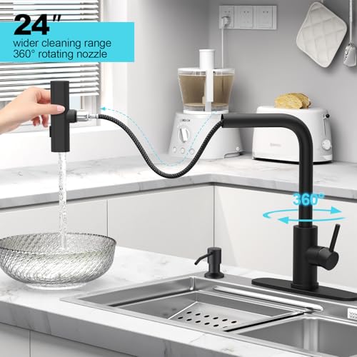 AVSIILE Matte Black Waterfall Kitchen Faucets with Pull Down Sprayer & Soap Dispenser, Single Hole & Handle, Pull Out Tap, Stainless Steel Sink Faucet, Suitable for Farmhouse Camper Laundry Rv Bar - Thumbnail 4