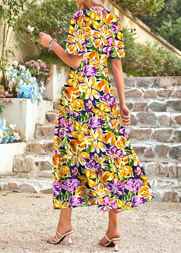 Image of KIRUNDO Summer Dresses for Women 2026 Spring Casual Flutter Short Sleeve Wedding Guest Smocked Flowy Tiered Aline Midi Dress